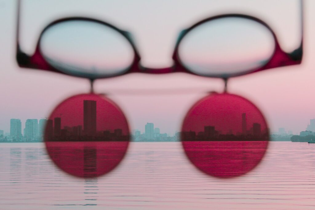 sunglasses, lake, sunset